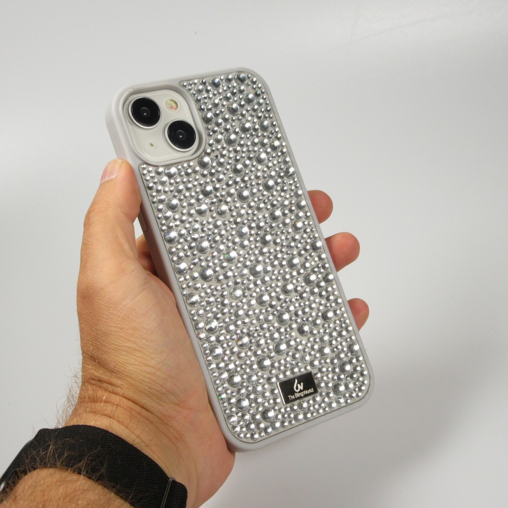 Coque iPhone 15 Plus - Diamant strass The Bling World - Argent