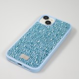 Coque iPhone 15 Plus - Diamant strass The Bling World - Bleu clair