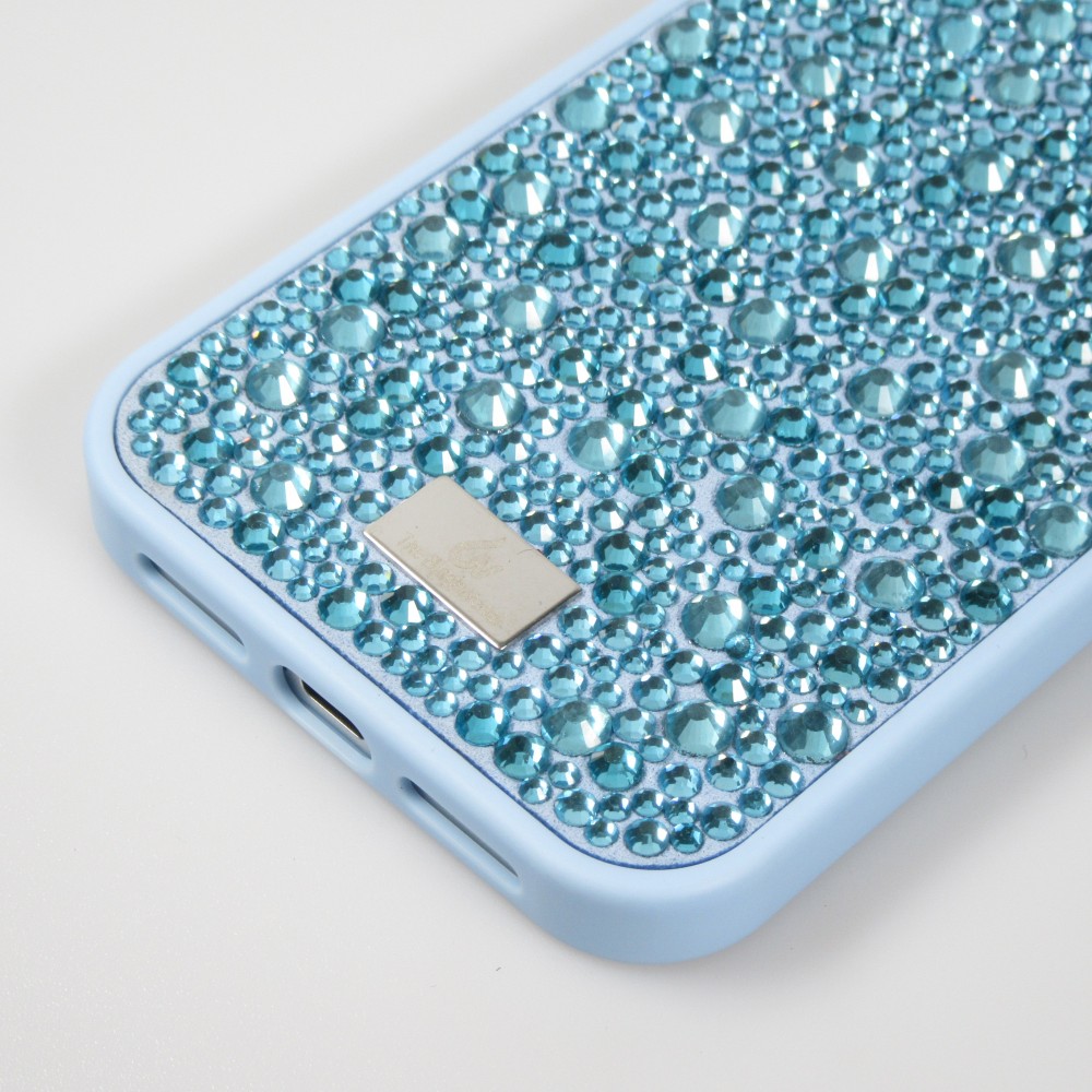 Coque iPhone 15 Plus - Diamant strass The Bling World - Bleu clair