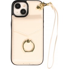 Coque iPhone 15 Plus - Etui élégant look cuir DeLuxe avec portefeuille + anneau de support - Blanc