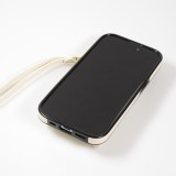 Coque iPhone 15 Plus - Etui élégant look cuir DeLuxe avec portefeuille + anneau de support - Blanc