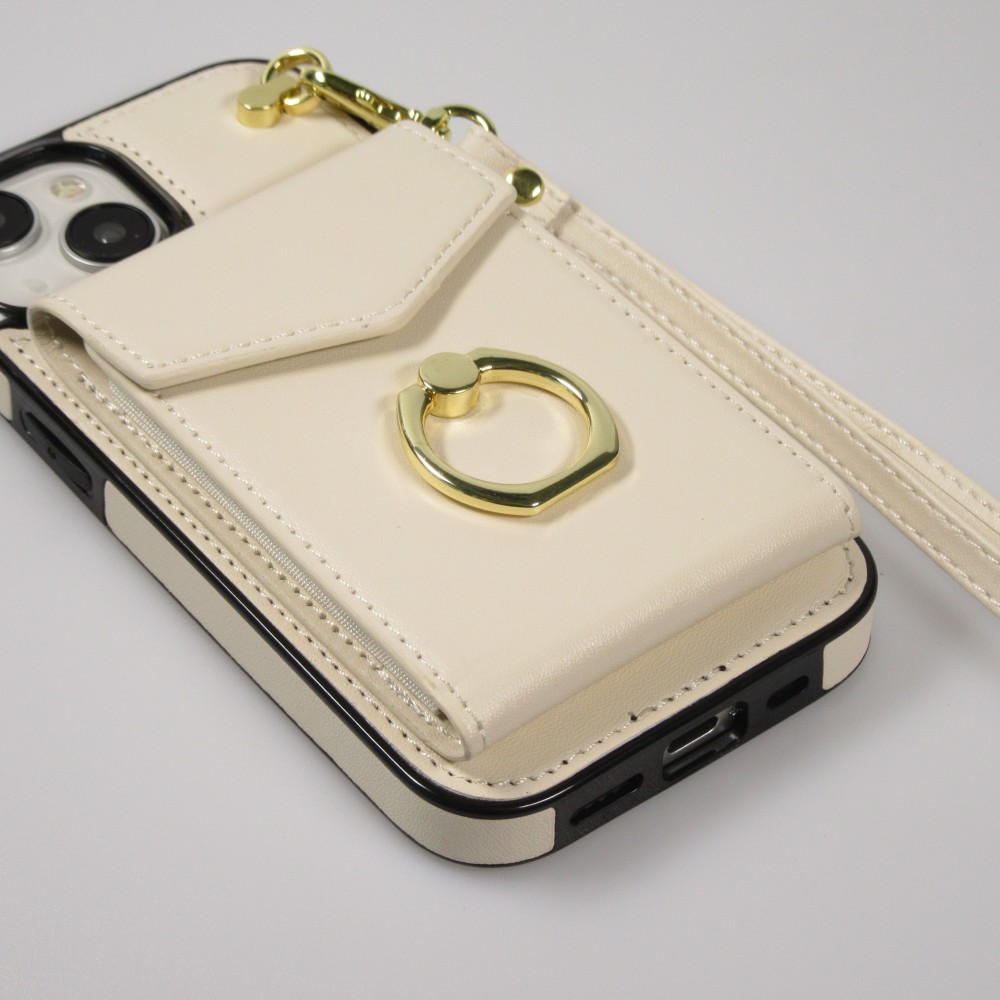 Coque iPhone 15 Plus - Etui élégant look cuir DeLuxe avec portefeuille + anneau de support - Blanc