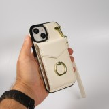 Coque iPhone 15 Plus - Etui élégant look cuir DeLuxe avec portefeuille + anneau de support - Blanc