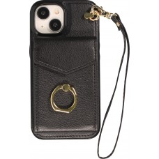 Coque iPhone 15 Plus - Etui élégant look cuir DeLuxe avec portefeuille + anneau de support - Noir