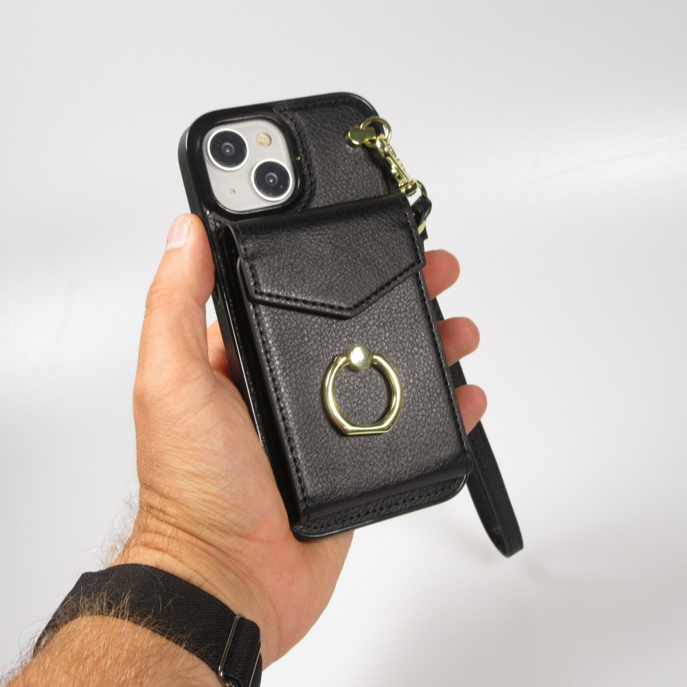 Coque iPhone 15 Plus - Etui élégant look cuir DeLuxe avec portefeuille + anneau de support - Noir