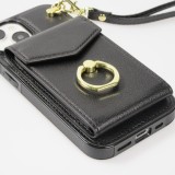 Coque iPhone 15 Plus - Etui élégant look cuir DeLuxe avec portefeuille + anneau de support - Noir