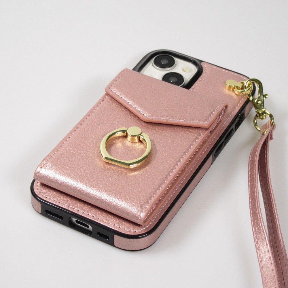 iPhone 15 Plus Case Hülle - DeLuxe elegantes Lederlook Cover mit Wallet + Tragering - Rosa