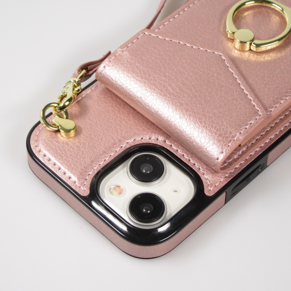 Coque iPhone 15 Plus - Etui élégant look cuir DeLuxe avec portefeuille + anneau de support - Rose