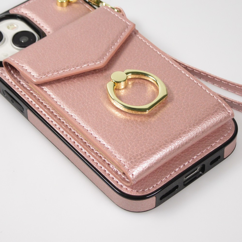 iPhone 15 Plus Case Hülle - DeLuxe elegantes Lederlook Cover mit Wallet + Tragering - Rosa