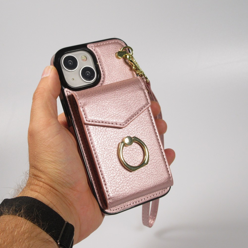 Coque iPhone 15 Plus - Etui élégant look cuir DeLuxe avec portefeuille + anneau de support - Rose