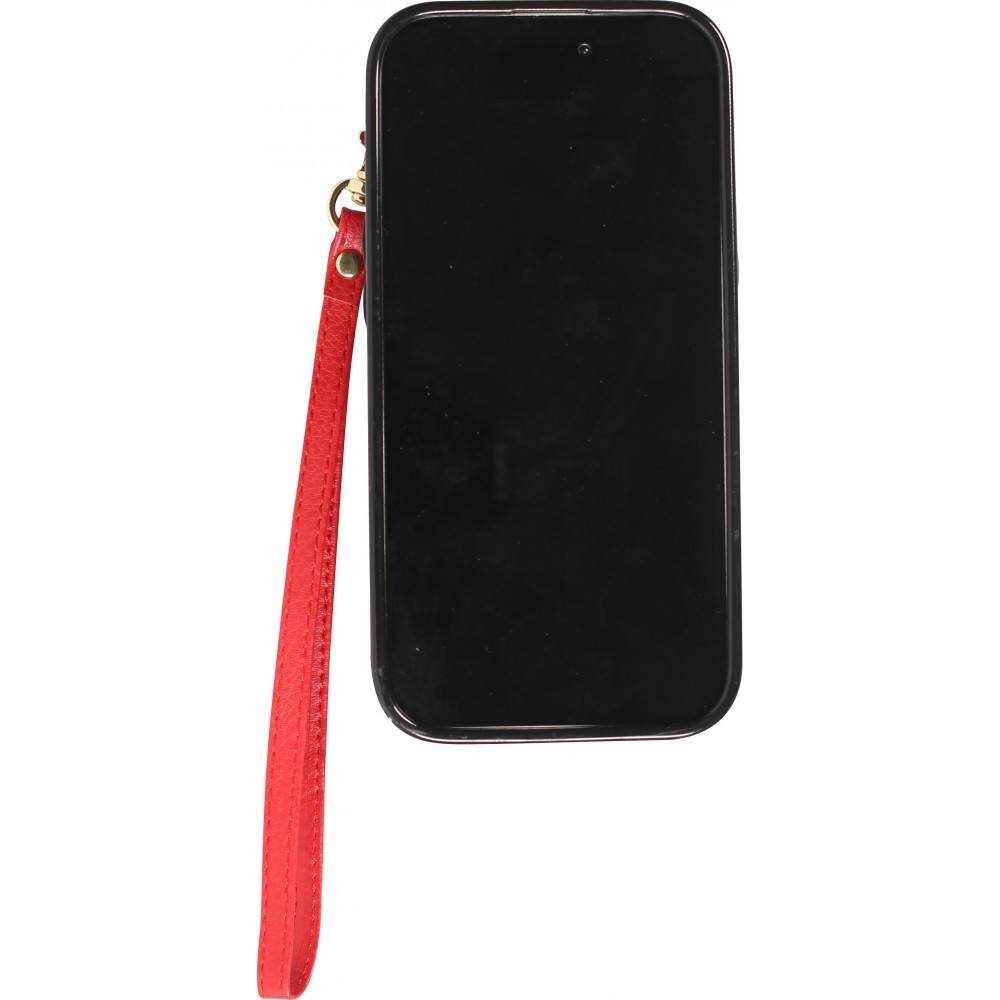 Coque iPhone 15 Plus - Etui élégant look cuir DeLuxe avec portefeuille + anneau de support - Rouge