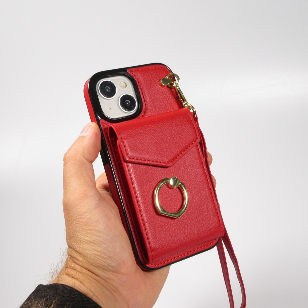 Coque iPhone 15 Plus - Etui élégant look cuir DeLuxe avec portefeuille + anneau de support - Rouge