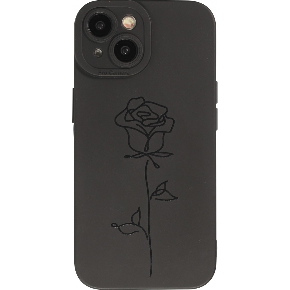 iPhone 15 Case Hülle - Weiches Silikongel mit Kameraschutz - Minimalistische Rose - Schwarz