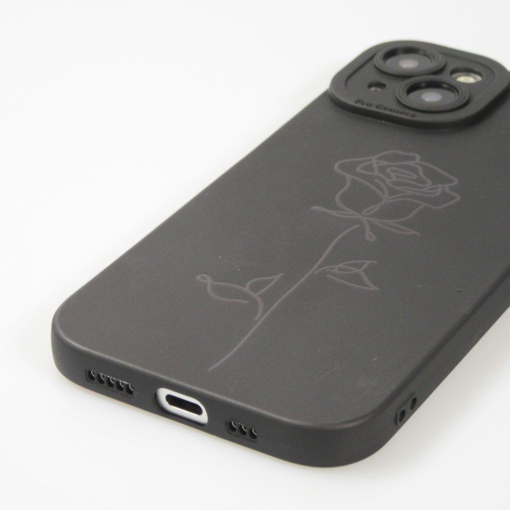 iPhone 15 Case Hülle - Weiches Silikongel mit Kameraschutz - Minimalistische Rose - Schwarz