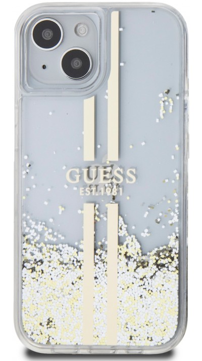 iPhone 15 Case Hülle - Guess starres Gel flüssiger Glitter in Gold und Silber mit goldenem Logo - Transparent