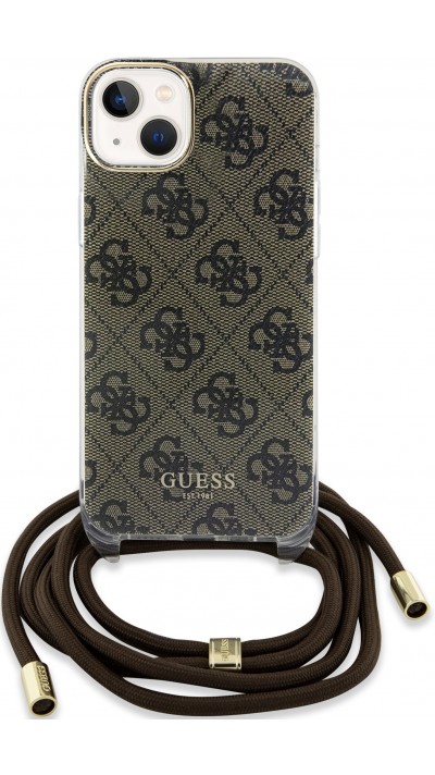 Coque iPhone 15 - Guess monogramme laqué avec lanière ajustable intégrée - Brun