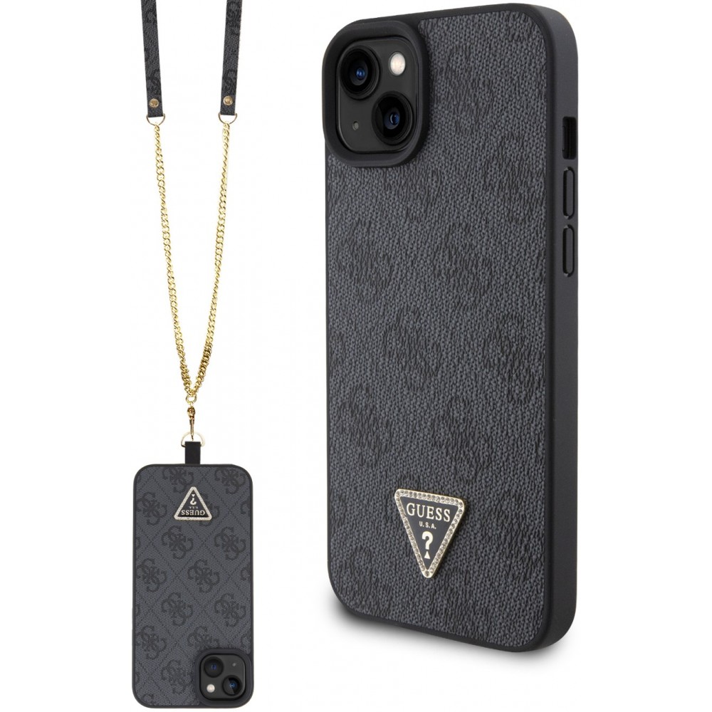 iPhone 15 Case Hülle - Guess Monogramm Kunstleder Metall-Logo und Strass mit abnehmbarem Riemen - Schwarz