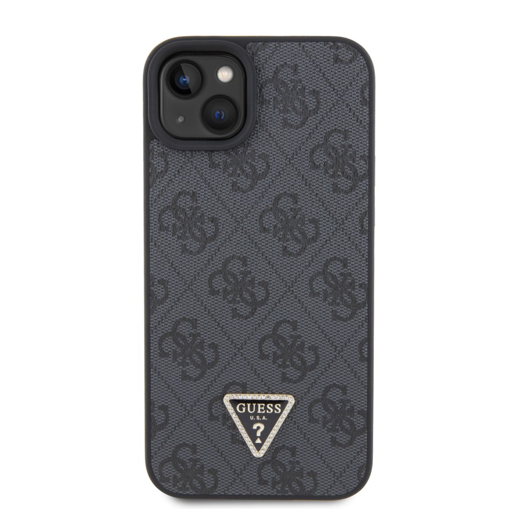 iPhone 15 Case Hülle - Guess Monogramm Kunstleder Metall-Logo und Strass mit abnehmbarem Riemen - Schwarz