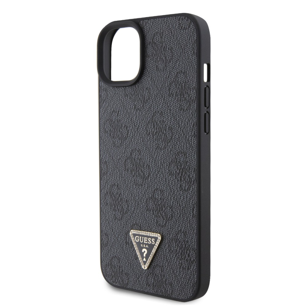 iPhone 15 Case Hülle - Guess Monogramm Kunstleder Metall-Logo und Strass mit abnehmbarem Riemen - Schwarz