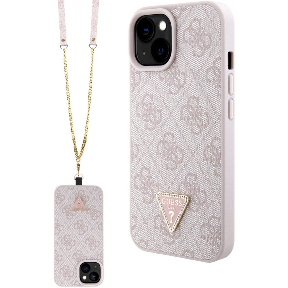 iPhone 15 Case Hülle - Guess Monogramm Kunstleder Metall-Logo und Strass mit abnehmbarem Riemen - Hellrosa