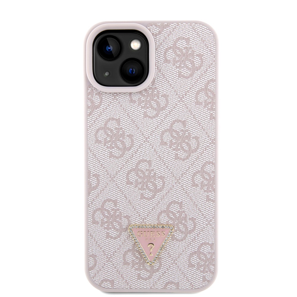 iPhone 15 Case Hülle - Guess Monogramm Kunstleder Metall-Logo und Strass mit abnehmbarem Riemen - Hellrosa