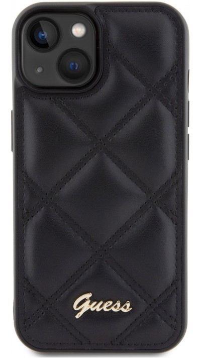 Coque iPhone 15 - Guess similicuir molletonné en carreaux et logo doré métallique en relief - Noir