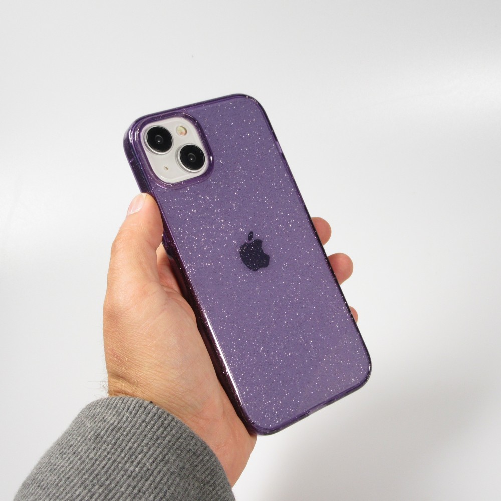 iPhone 15 Plus Case Hülle - Gel Gummi transparent mit Glitzerstaub - Violett