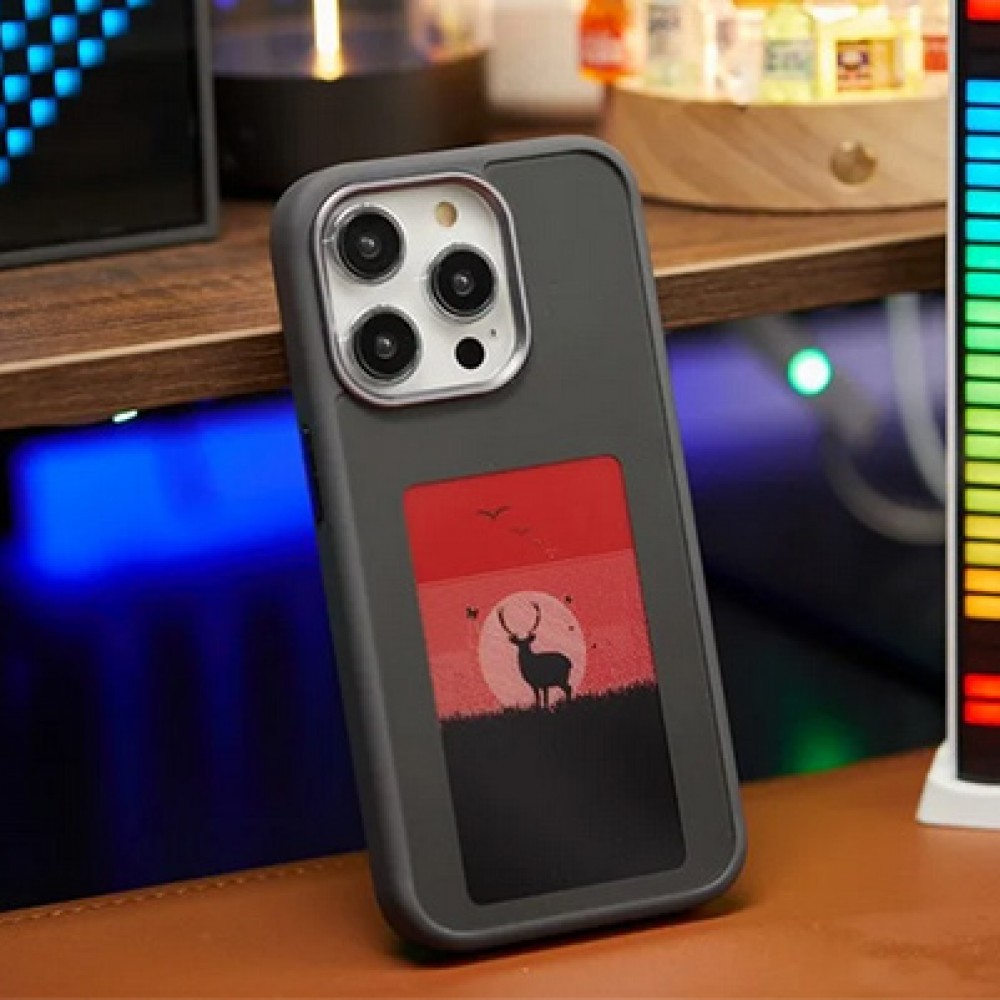 iPhone 15 Pro Case Hülle - E-Ink Display DIY mit NFC-Technologie für persönlicher Foto-Hintergrund - Schwarz