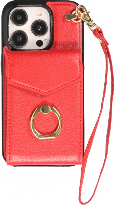 iPhone 15 Pro Case Hülle - DeLuxe elegantes Lederlook Cover mit Wallet + Tragering - Rot