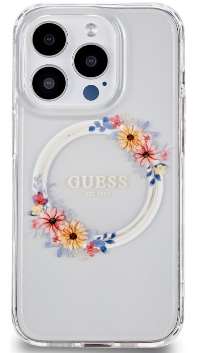 iPhone 15 Pro Max Case Hülle - Guess Hartgel mit MagSafe Blumen und Goldlogo - Transparent