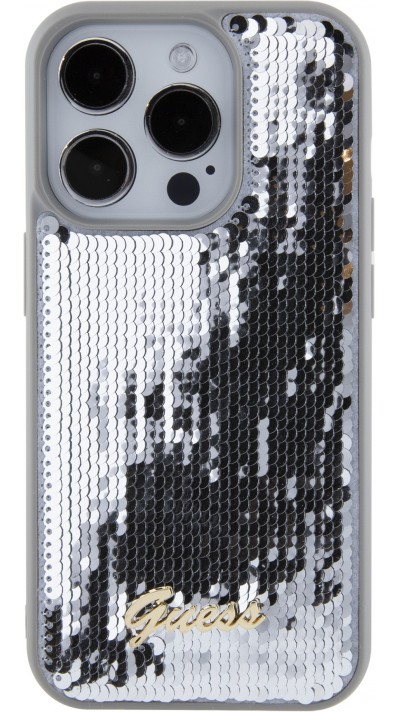 Coque iPhone 15 Pro Max - Guess paillettes réversibles anti-stress avec logo métallique doré - Argent