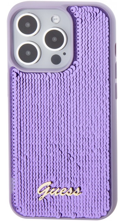 Coque iPhone 15 Pro - Guess paillettes réversibles anti-stress avec logo métallique doré - Violet