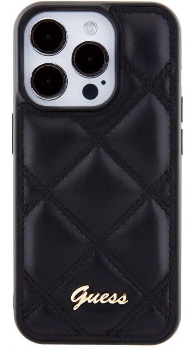 Coque iPhone 15 Pro - Guess similicuir molletonné en carreaux et logo doré métallique en relief - Noir