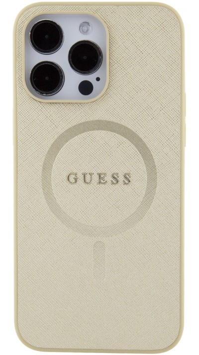 Coque iPhone 15 Pro Max - Guess similicuir saffiano logo métallique doré et MagSafe - Or