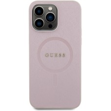 Coque iPhone 15 Pro - Guess similicuir saffiano logo métallique doré et MagSafe - Rose