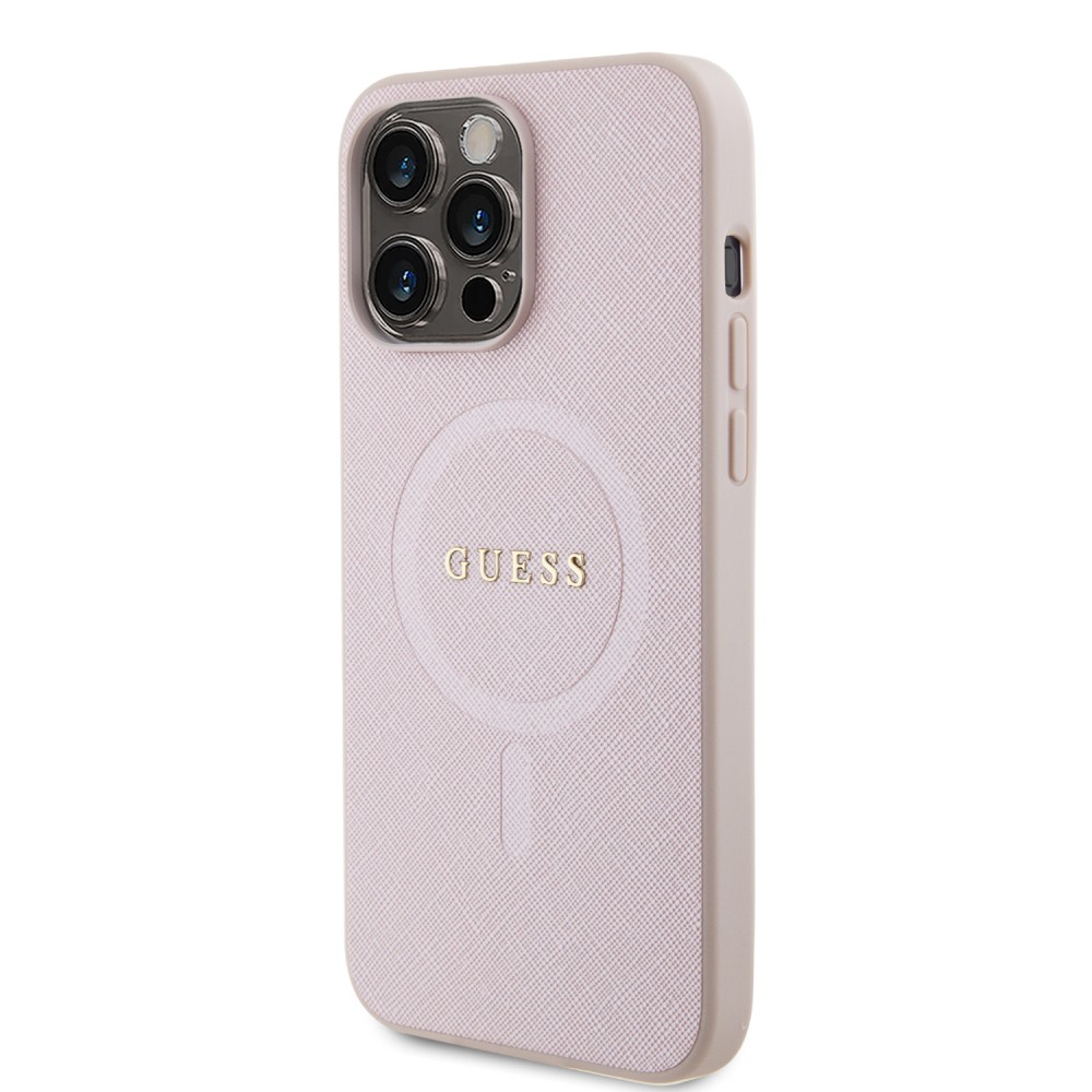 Coque iPhone 15 Pro - Guess similicuir saffiano logo métallique doré et MagSafe - Rose