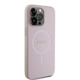 Coque iPhone 15 Pro - Guess similicuir saffiano logo métallique doré et MagSafe - Rose