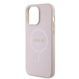 Coque iPhone 15 Pro - Guess similicuir saffiano logo métallique doré et MagSafe - Rose