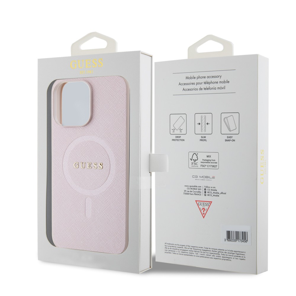 Coque iPhone 15 Pro - Guess similicuir saffiano logo métallique doré et MagSafe - Rose