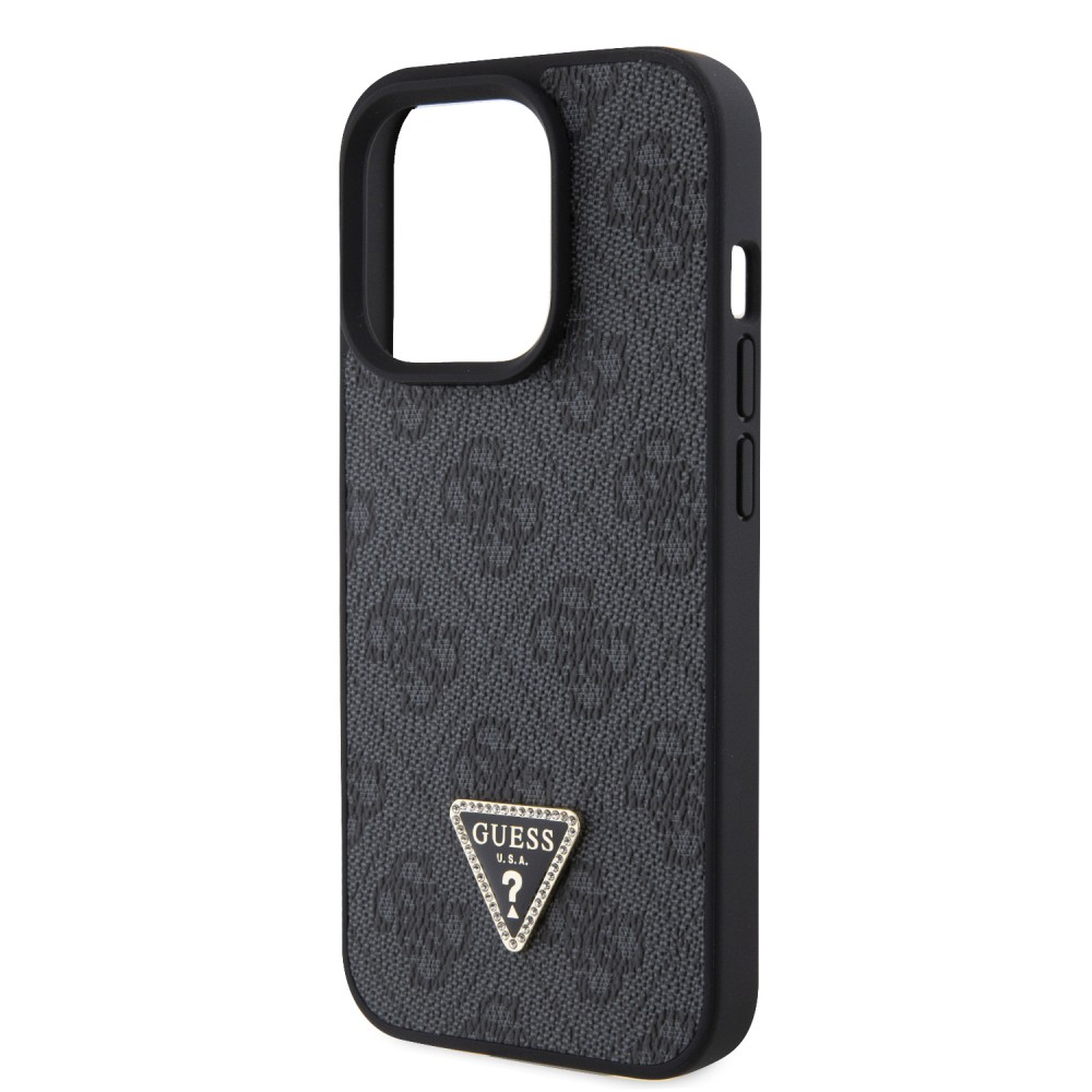 iPhone 15 Pro Case Hülle - Guess Monogramm Kunstleder Metall-Logo und Strass mit abnehmbarem Riemen - Schwarz