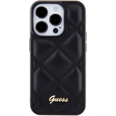 iPhone 15 Pro Max Case Hülle - Guess Kunstleder-Fleece in Karomuster und goldfarbener Metallic-Logoprägung - Schwarz