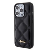 iPhone 15 Pro Max Case Hülle - Guess Kunstleder-Fleece in Karomuster und goldfarbener Metallic-Logoprägung - Schwarz