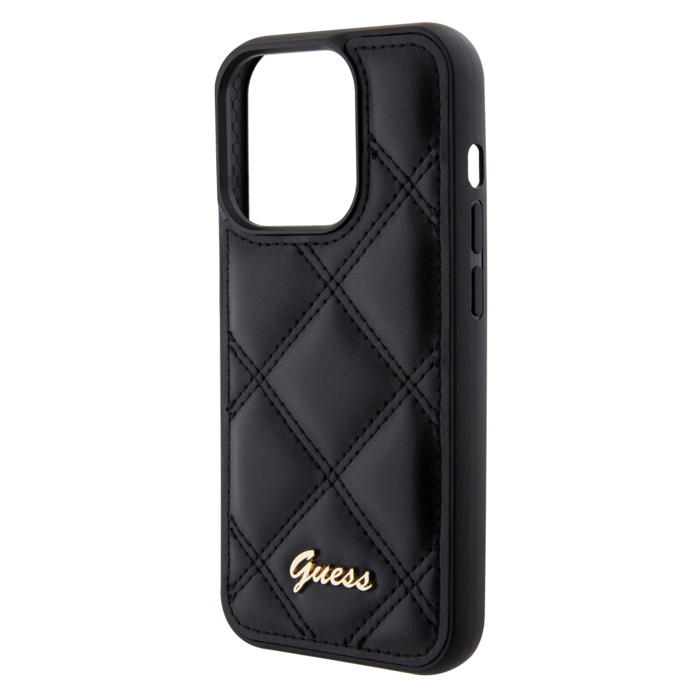 iPhone 15 Pro Max Case Hülle - Guess Kunstleder-Fleece in Karomuster und goldfarbener Metallic-Logoprägung - Schwarz