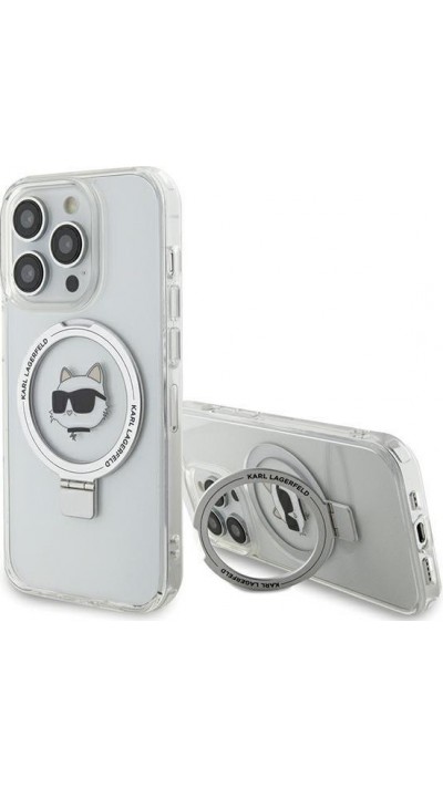 iPhone 15 Pro Max Case Hülle - Karl Lagerfeld Choupette gel rigide mit Ring MagSafe-Halter in silber - Transparent