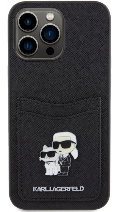 iPhone 15 Pro Case Hülle - Karl Lagerfeld und Choupette Kunstleder Saffiano mit integrierten Kartenhaltern und geprägtem Metalllogo - Schwarz