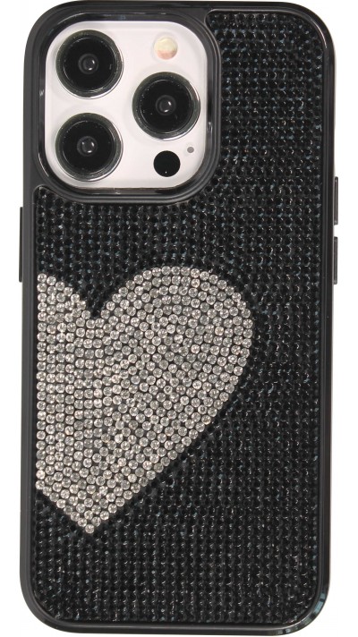 iPhone 15 Pro Case Hülle - Silikon weich mit glitzernden Edelsteinen White Heart - Schwarz