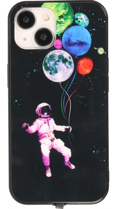 iPhone 15 Case Hülle - Silikon Glossy integriertes LED Licht mit USB-C Anschluss - Floating Astronaut - Schwarz