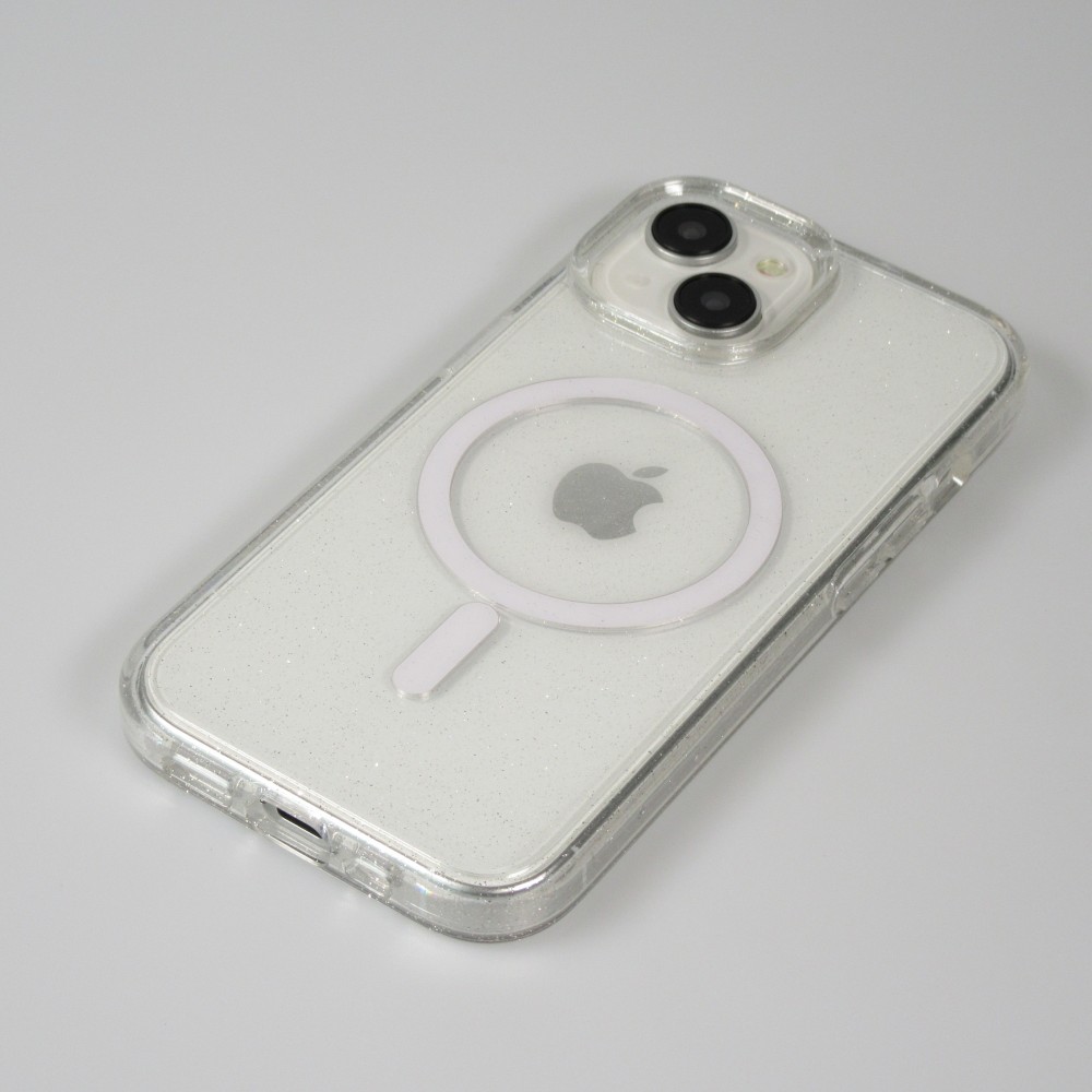 iPhone 15 Case Hülle - Hartes Silikon mit Glitzer Rückseite und MagSafe - Transparent