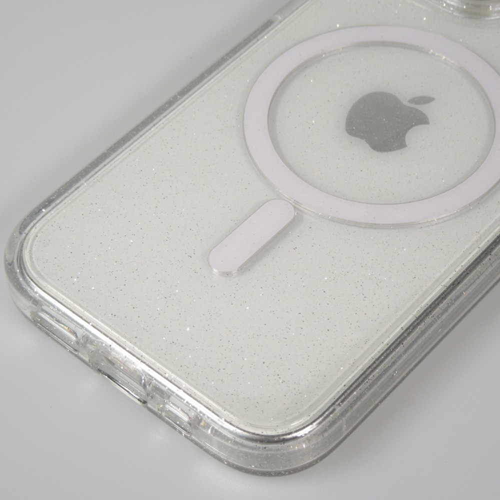 iPhone 15 Case Hülle - Hartes Silikon mit Glitzer Rückseite und MagSafe - Transparent