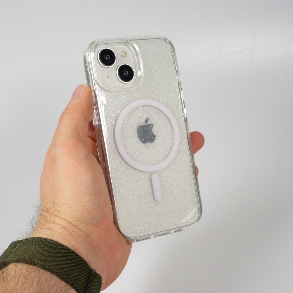 iPhone 15 Case Hülle - Hartes Silikon mit Glitzer Rückseite und MagSafe - Transparent